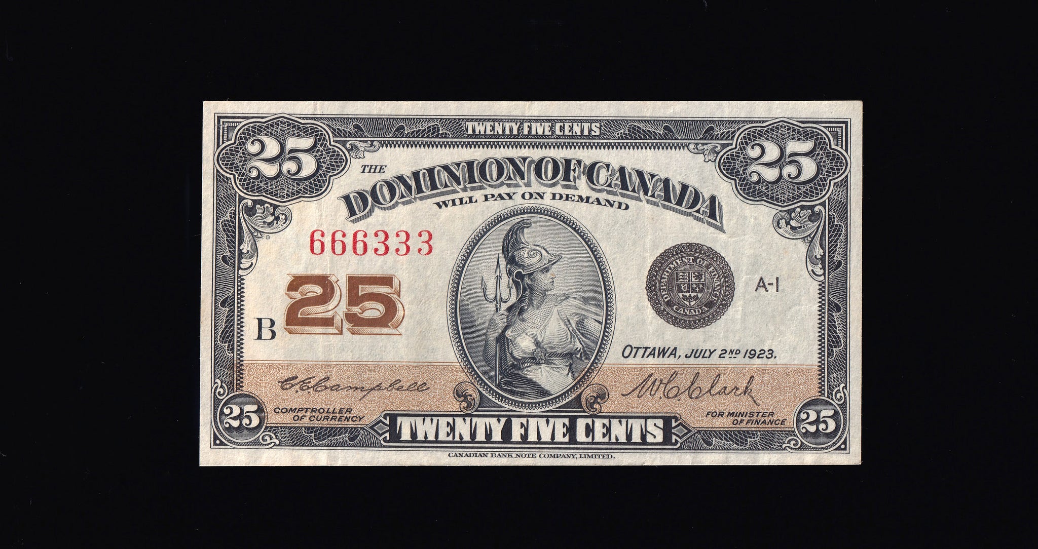 1923 Dominion of Canada 25 cents "Shinplaster" in VF+ Serial (666333) DC-24d