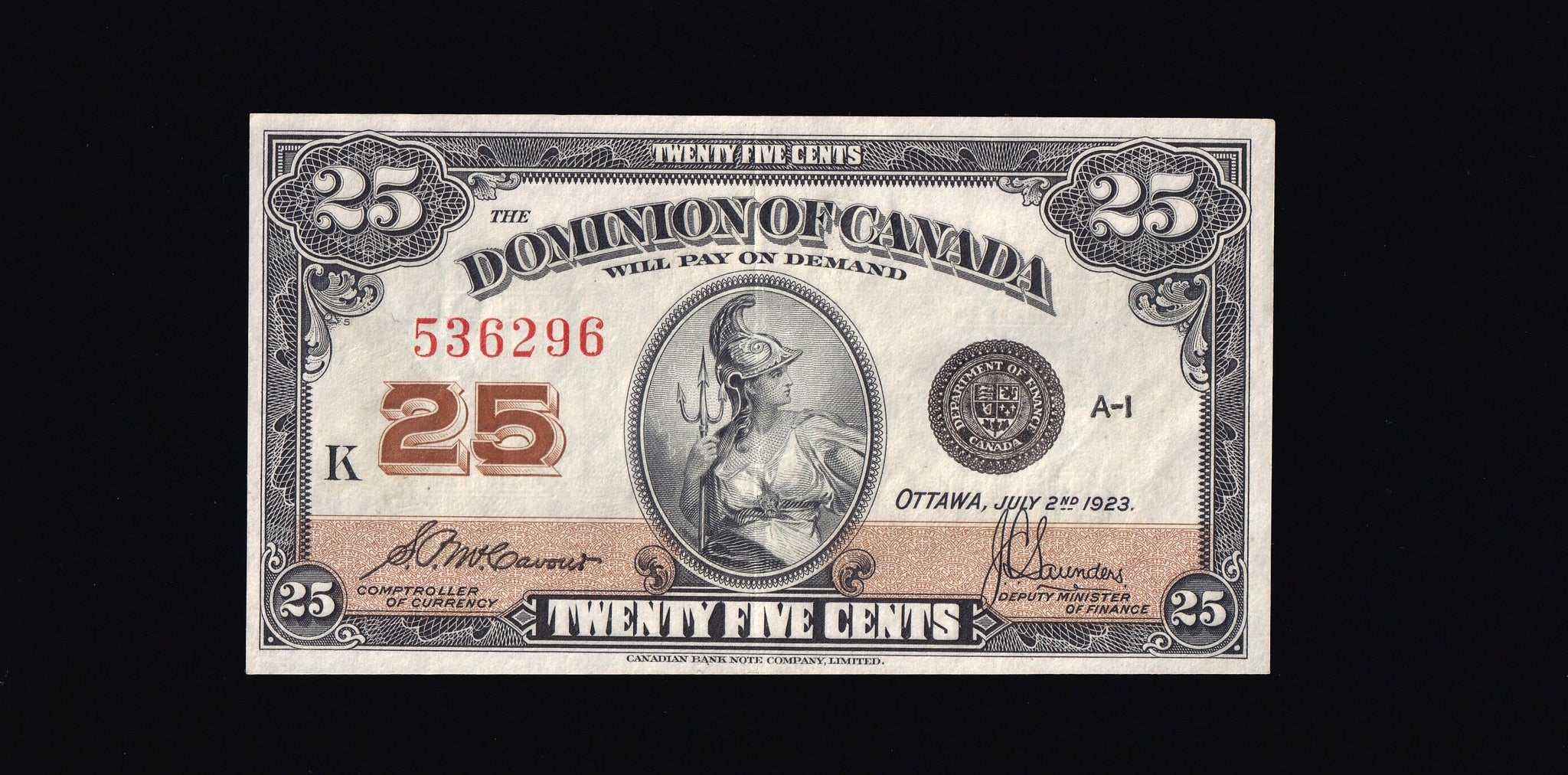 1923 Dominion of Canada 25 cents "Shinplaster" in EF+ (DC-24c)