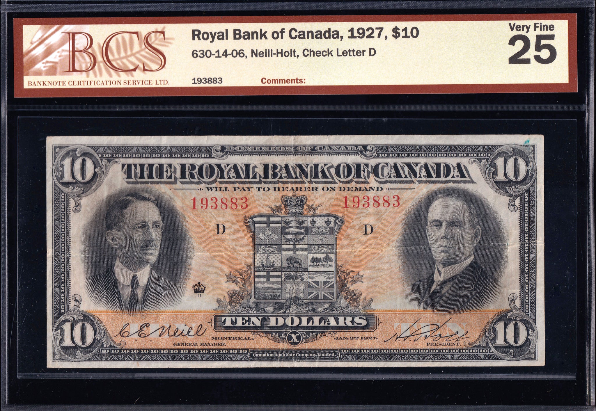 1927 Royal Bank of Canada $10 "Neil - Holt" in BCS VF-25