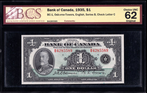 1935 Bank of Canada $1 English BCS Choice UNC-62 Original (BC-1)