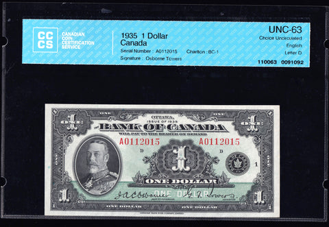 1935 Bank of Canada $1 English CCCS Choice UNC-63 Original (BC-1)