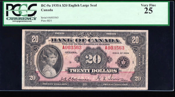 1935 Bank of Canada $20 Large Seal English Osborne - Towers" PCGS VF-25 Original (BC-9a)