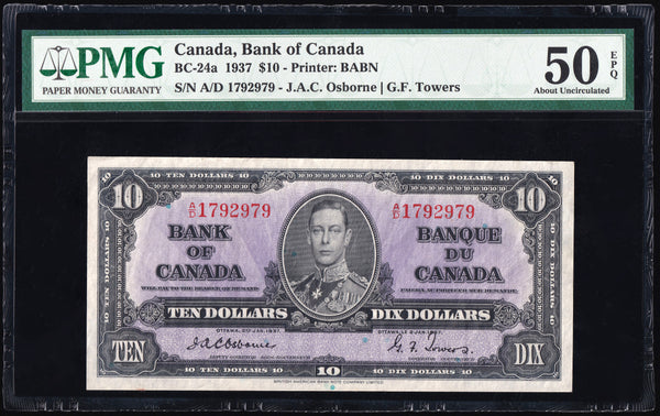 1937 Bank of Canada $10 "Osborne - Towers" certified PMG AU-50 EPQ (BC-24a)