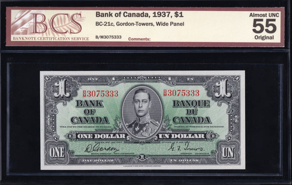 1937 Bank of Canada $1 "Gordon - Towers" Graded BCS AU-55 (BC-21c)