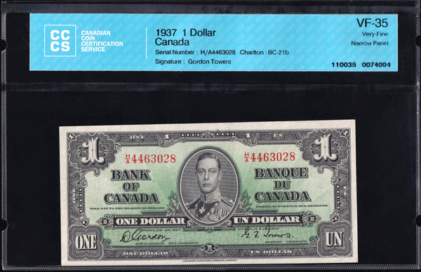 1937 Bank of Canada $1 "H/A Narrow Panel" Graded CCCS VF-35 (BC-21b)