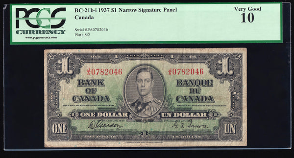 1937 Bank of Canada $1 "RARE J/A Narrow Panel" Graded PCGS VG-10 (BC-21b)