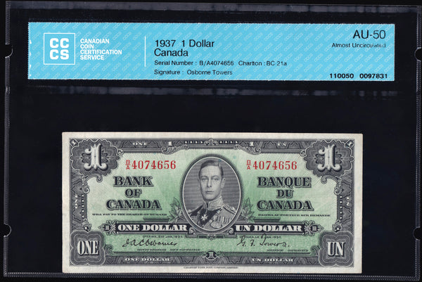 1937 Bank of Canada $1 "Osborne - Towers" certified CCCS AU-50 (BC-21a)
