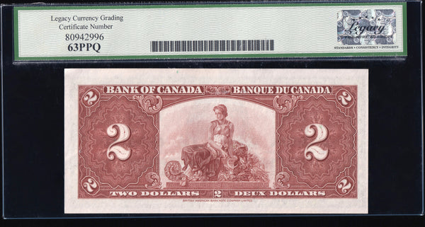 1937 Bank of Canada $2 "Two Consecutive" Graded Legacy UNC-63 PPQ(BC-22c)