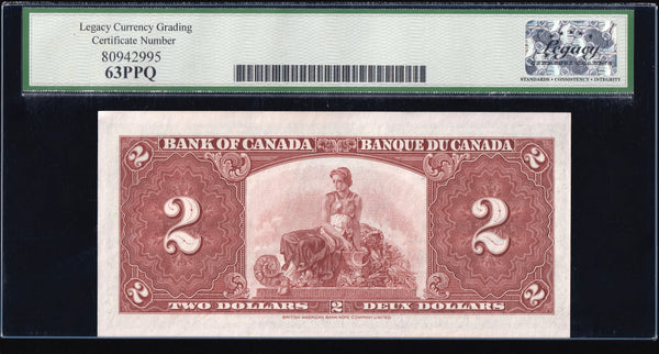1937 Bank of Canada $2 "Two Consecutive" Graded Legacy UNC-63 PPQ(BC-22c)