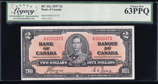 1937 Bank of Canada $2 "Two Consecutive" Graded Legacy UNC-63 PPQ(BC-22c)