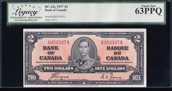1937 Bank of Canada $2 "Two Consecutive" Graded Legacy UNC-63 PPQ(BC-22c)