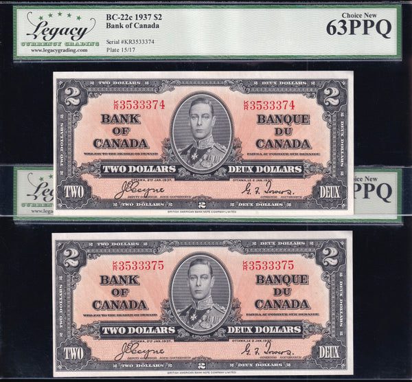 1937 Bank of Canada $2 "Two Consecutive" Graded Legacy UNC-63 PPQ(BC-22c)