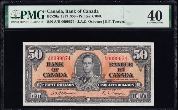 1937 Bank of Canada $50 "Osborne - Towers" certified PMG EF-40 EPQ (BC-26a)