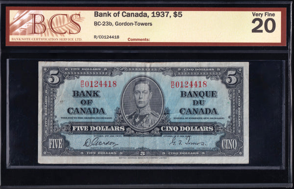 1937 Bank of Canada $5 "Gordon - Towers" Graded BCS VF-20 (BC-23b)