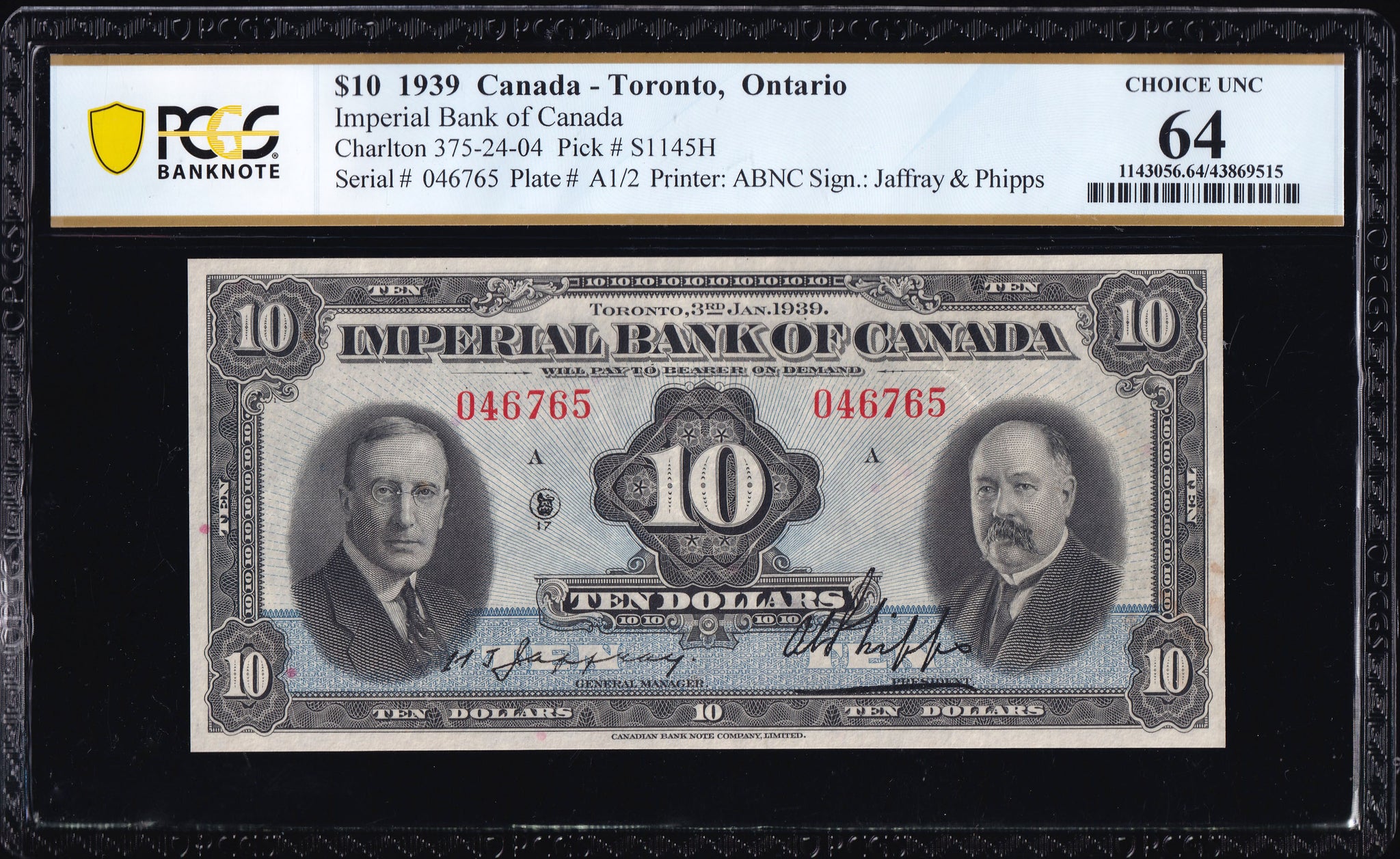 1939 Imperial Bank of Canada in PCGS Choice UNC 64