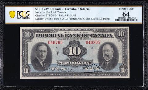 1939 Imperial Bank of Canada in PCGS Choice UNC 64