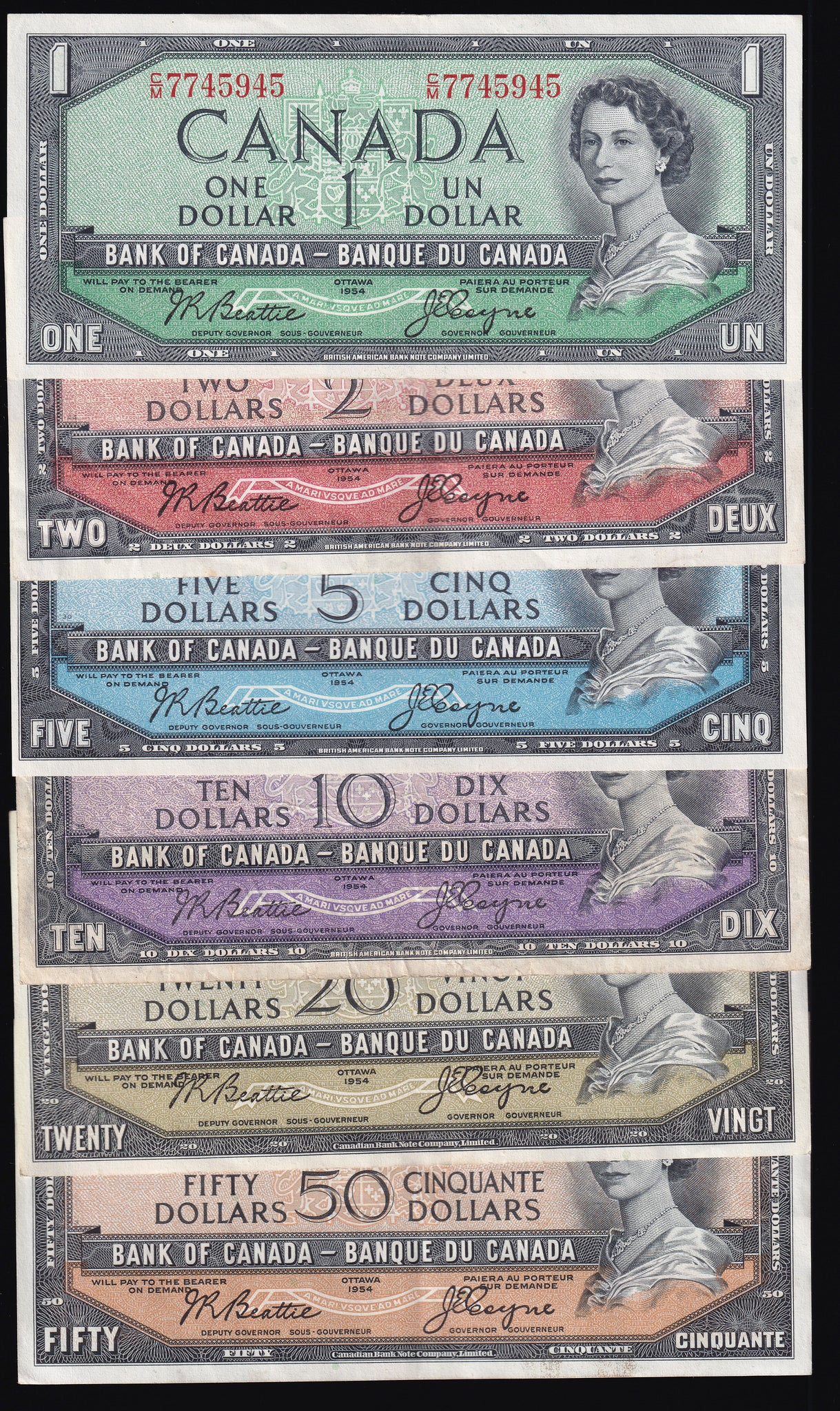 1954 Bank of Canada $1-$50 Beattie Coyne Series (BC37-BC42)