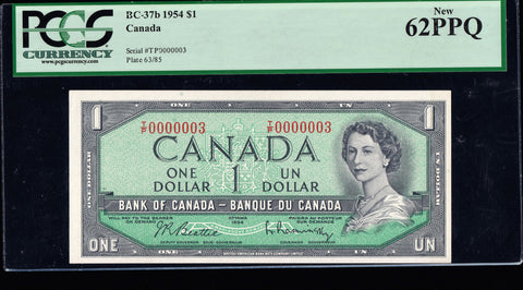 1954 Bank of Canada $1 Low (0000003) Certified in PCGS Choice UNC-62 PPQ (BC-37b N5)