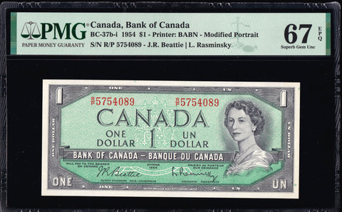 1954 Bank of Canada $1 Modified Certified PMG GEM UNC67 EPQ (BC-37b-i)