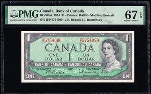 1954 Bank of Canada $1 Modified Certified PMG GEM UNC67 EPQ (BC-37b-i)