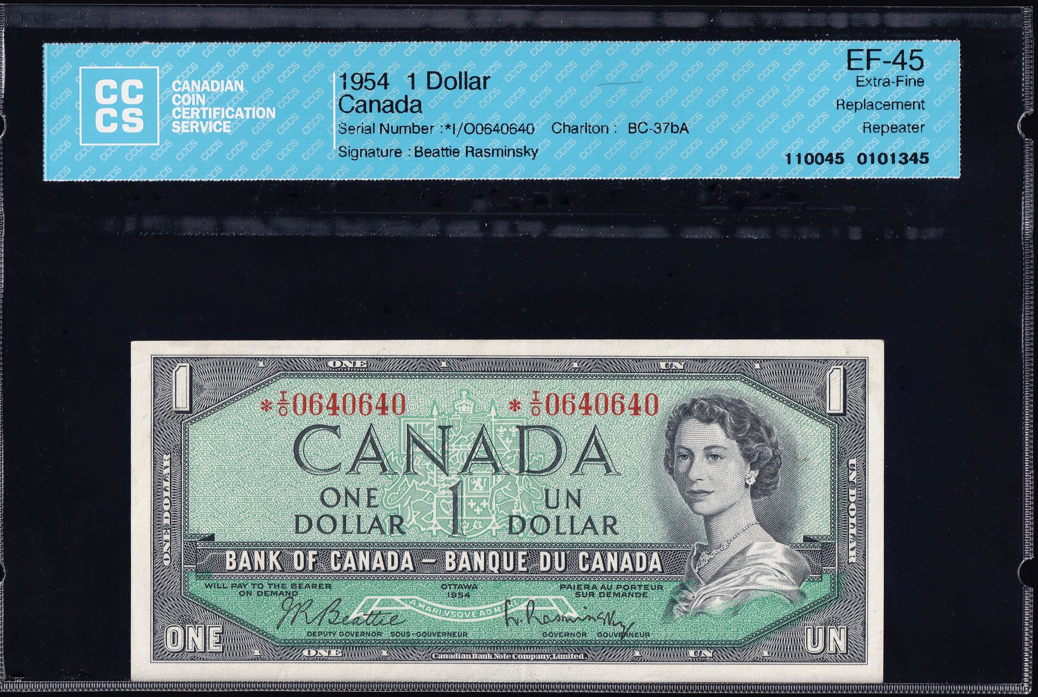 1954 Bank of Canada $1 *I/O "0640640" Replacement Rotator CCCS EF45 (BC-37bA)