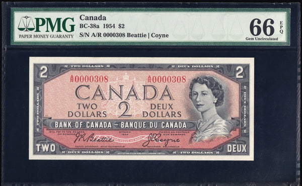 1954 Bank of Canada $2 Low Serial "0000308" Modified PMG GEM UNC 66 EPQ (BC-38a)