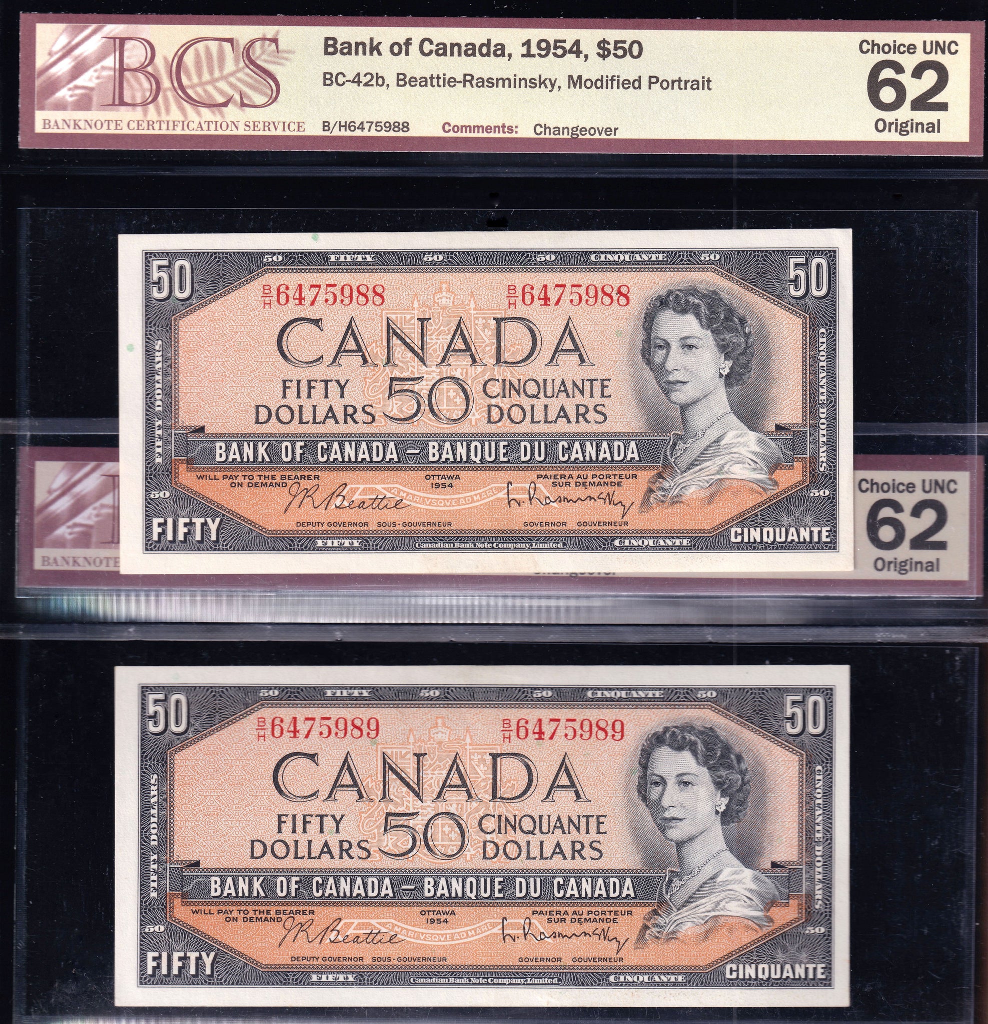 1954 Bank of Canada $50 Modified Consecutive Pair Beattie Rasminsky BCS UNC62 Original (BC-42b)