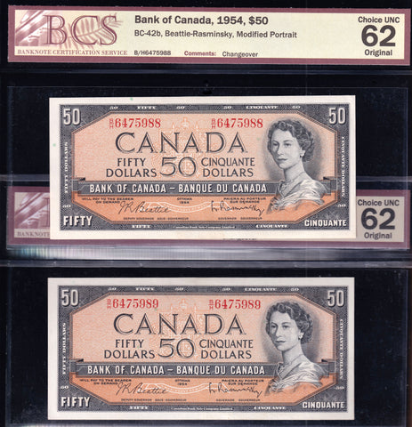 1954 Bank of Canada $50 Modified Consecutive Pair Beattie Rasminsky BCS UNC62 Original (BC-42b)
