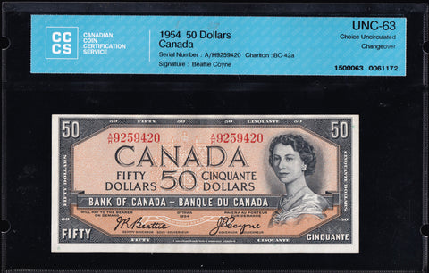 1954 Bank of Canada $50 "Modified" in CCCS UNC-63 (BC-42a)