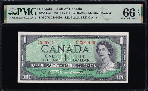 1954 Bank of Canada $1 Modified Certified PMG GEM UNC66 EPQ (BC-37a-i)