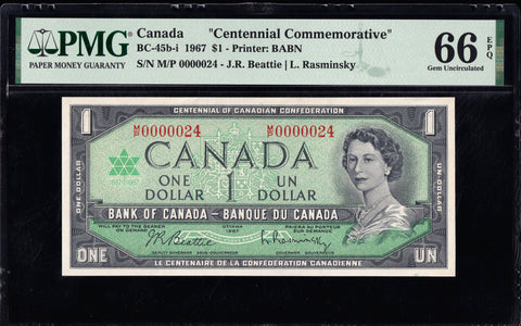 1967 Bank fo Canada $1 "Low Serial 0000024" PMG GEM UNC-66 EPQ (BC-45b-i)