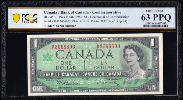1967 Bank of Canada $1 "3066603" Radar in PCGS UNC63 PPQ (BC-45b-i N1)