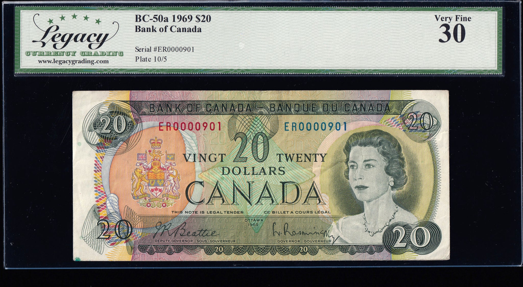 1969 Bank of Canada $20 "Low Serial 0000901" Legacy VF-30 (BC-50a - N5)