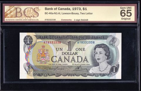 1973 Bank of Canada $1 "3 Digit Radar" BCS GEM UNC65 (BC-46a N1)