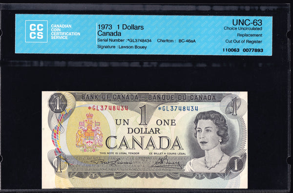 1973 Bank of Canada $1 "Replacement Error" CCCS Choice UNC63 (BC-46aA)