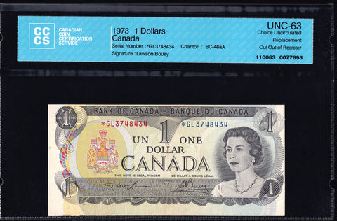 1973 Bank of Canada $1 "Replacement Error" CCCS Choice UNC63 (BC-46aA)