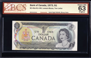 1973 Bank of Canada $1 "Solid 1's Radar / Binary" BCS Choice UNC63 Original (BC-46a N1 N8)