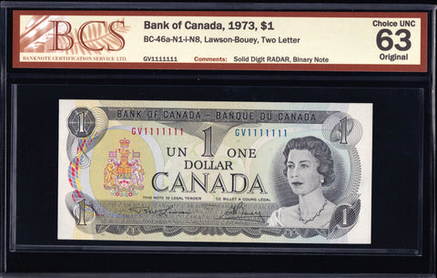 1973 Bank of Canada $1 "Solid 1's Radar / Binary" BCS Choice UNC63 Original (BC-46a N1 N8)