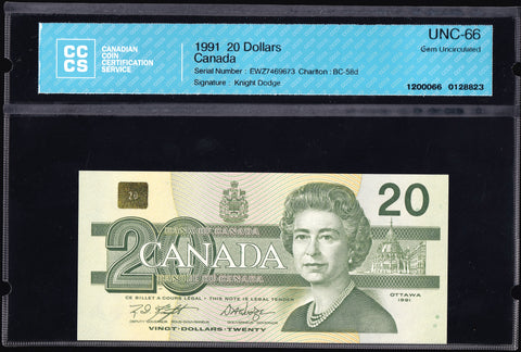 1991 Bank of Canada $20 in CCCS Gem UNC-66 Original (BC-58d)