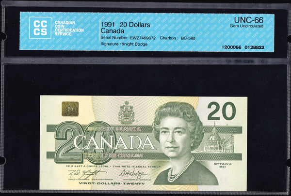1991 Bank of Canada $20 in CCCS Gem UNC-66 Original (BC-58d)