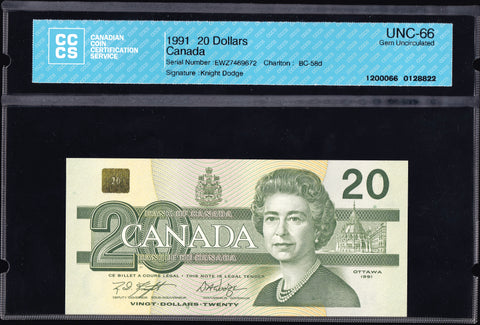 1991 Bank of Canada $20 in CCCS Gem UNC-66 Original (BC-58d)