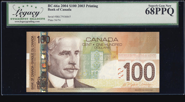 2004 Bank of Canada $100 Certified Legacy Gem UNC-68 PPQ (BC-66a)