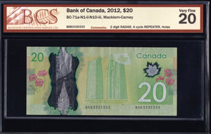 2012 Bank of Canada $20 Radar & Repeater "3335333" BCS VF20 Original (BC-71a - N1 - N10)
