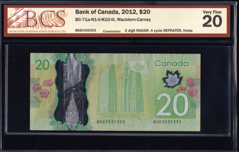 2012 Bank of Canada $20 Radar & Repeater "3335333" BCS VF20 Original (BC-71a - N1 - N10)