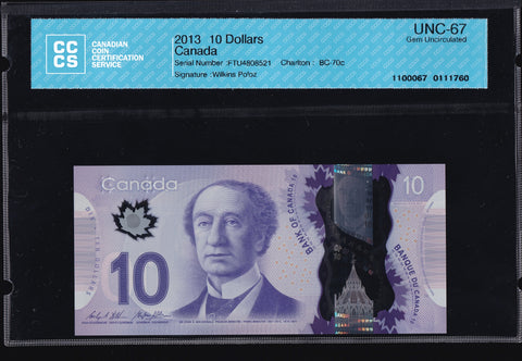2013 Bank of Canada $10 CCCS GEM UNC-67 (BC-70c)