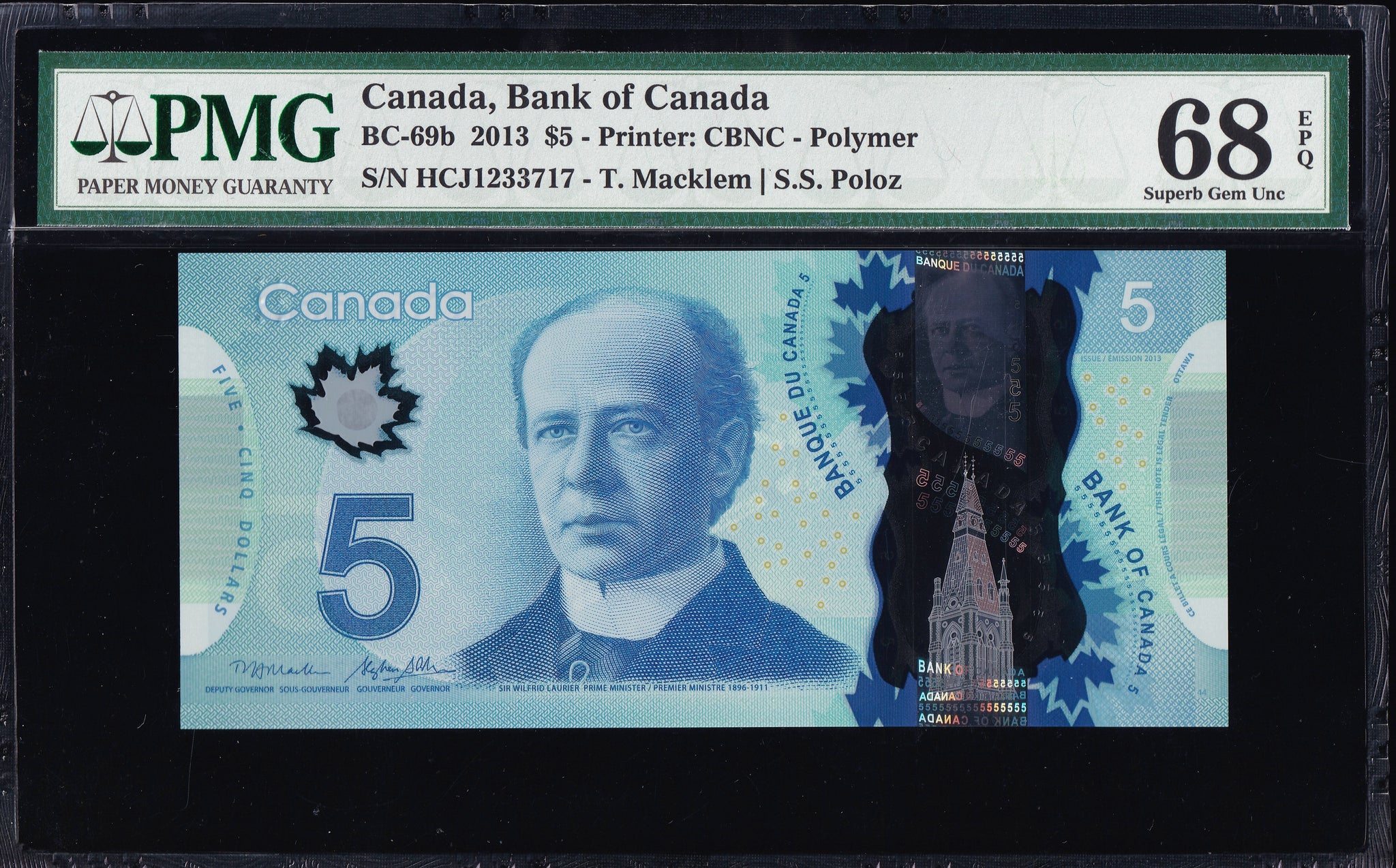 2013 Bank of Canada $5 in PMG Gem UNC-68 EPQ (BC-69b)