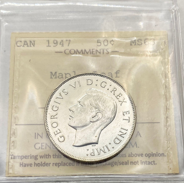 1947 Bank of Canada 50 cents "Maple Leaf" in ICCS MS-63