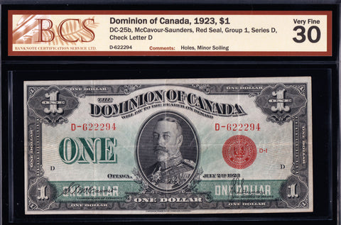 1923 Dominion of Canada $1 Red Seal BCS VF30 (DC-25b)