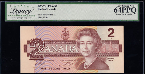 1986 Bank of Canada $2 "Radar" Legacy UNC-64 PPQ (BC-55b - N1)