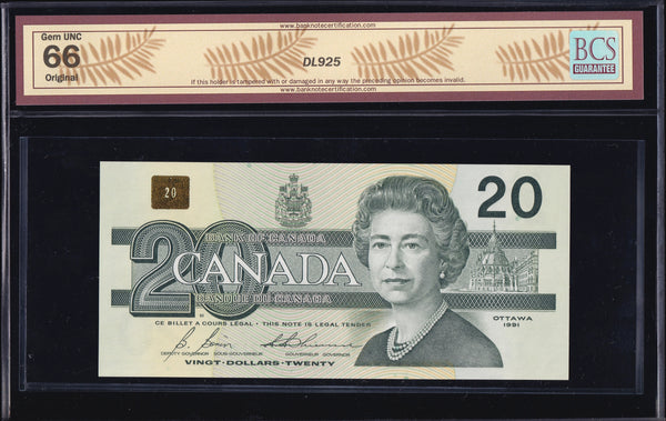 1991 Bank of Canada $20 "Radar" BCS GEM UNC-66 Original (BC-58b - N1)